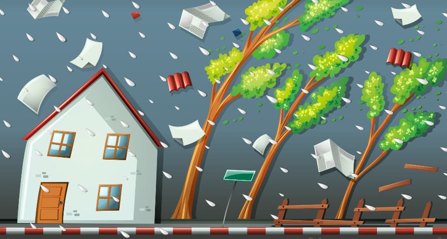 Representation of a storm impacting a home and surrounding environment